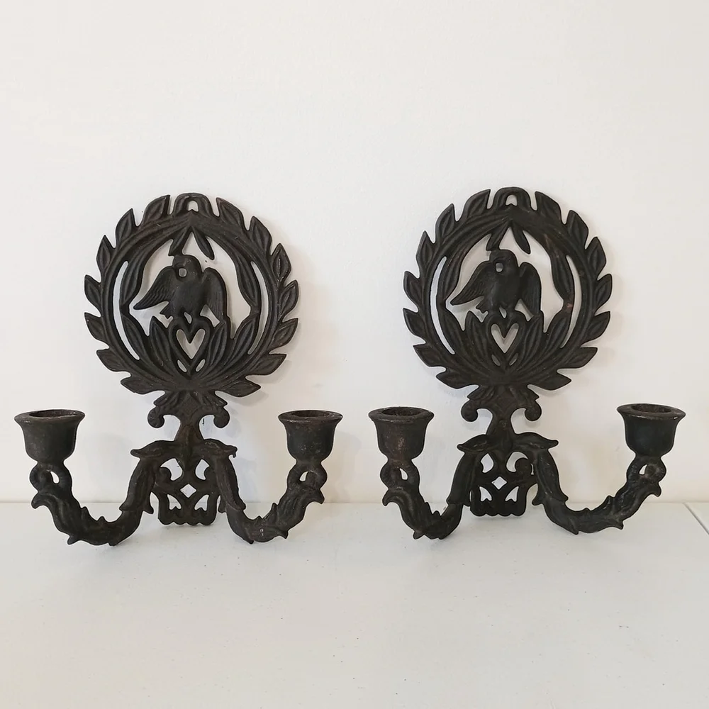 Vintage Pair Of Black Cast Iron Taper Candle Holders Wall Sconces Eagle Wreath